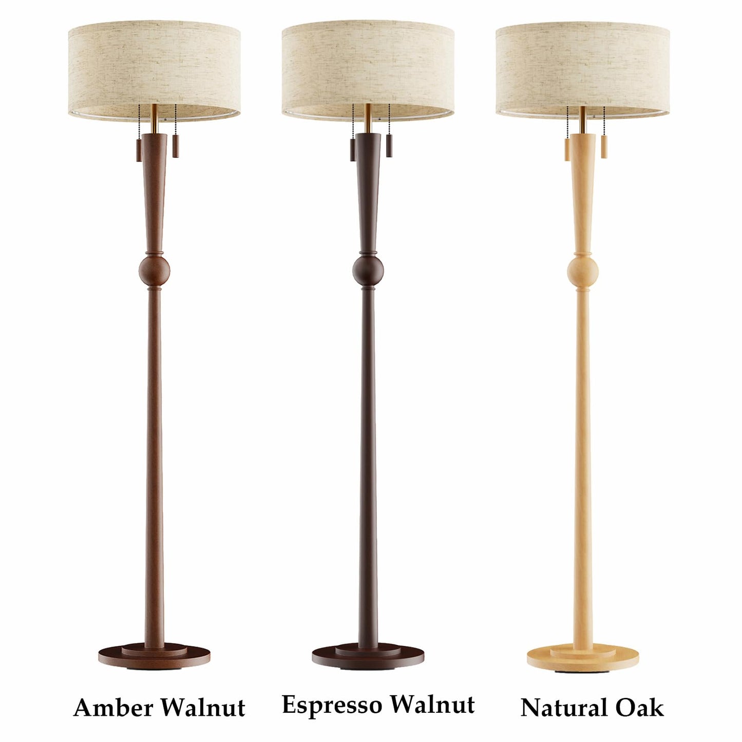 MOFFE 62.8" Solid Wood Floor Lamp,Tall Standing Floor Lamp with 2-Light Pull Chain, 17" Linen Drum Shade, Sculptural Wood Base & Stem,Transitional Floor Lamp for Living Room Bedroom, Includes 2 Bulbs