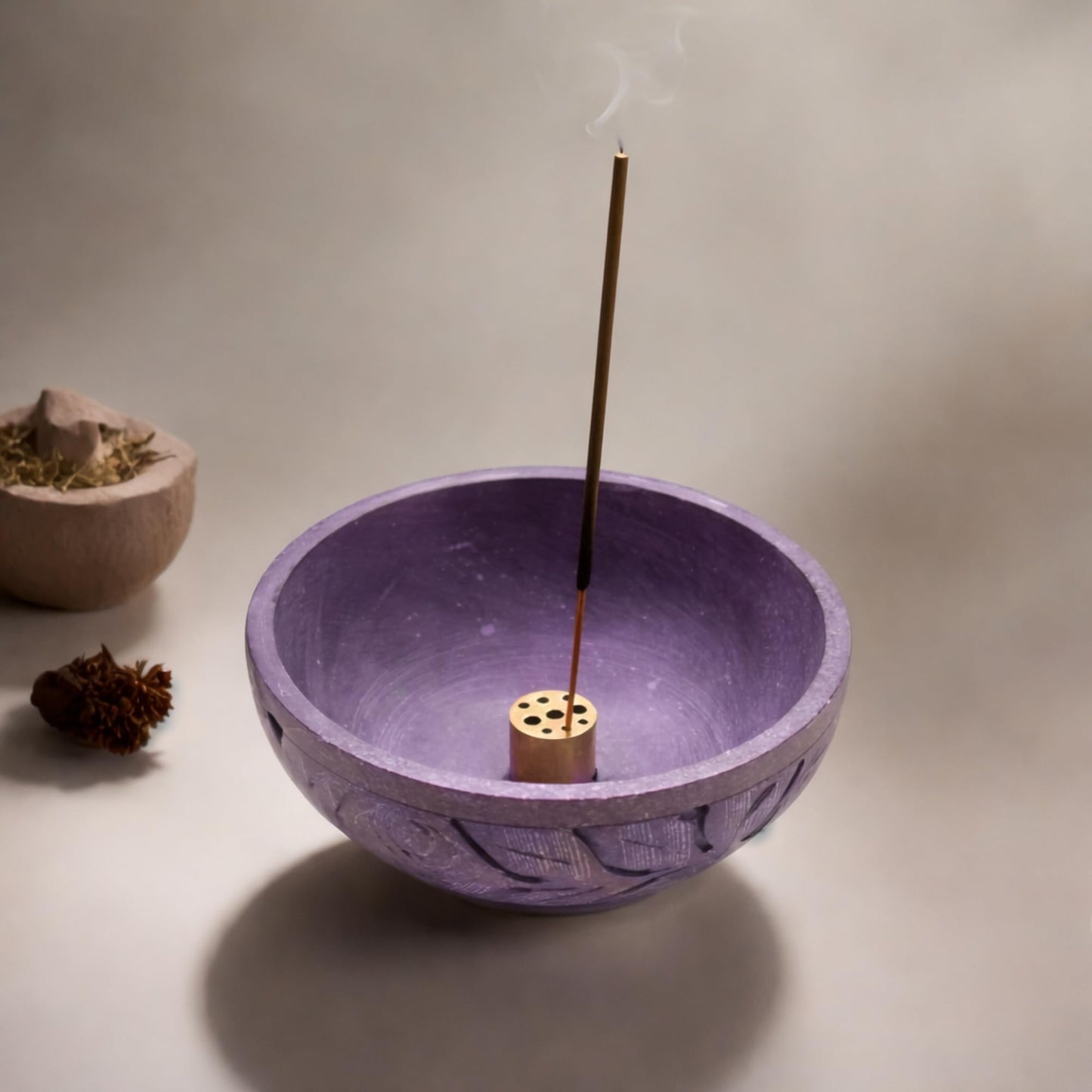 KC KULLICRAFT Natural Grey Marble Incense Holder Bowl – 5" Ash Catcher Burner for Meditation, Smudge, Palo Santo – 9-Hole Brass Insert Fits Most Incense Sticks.