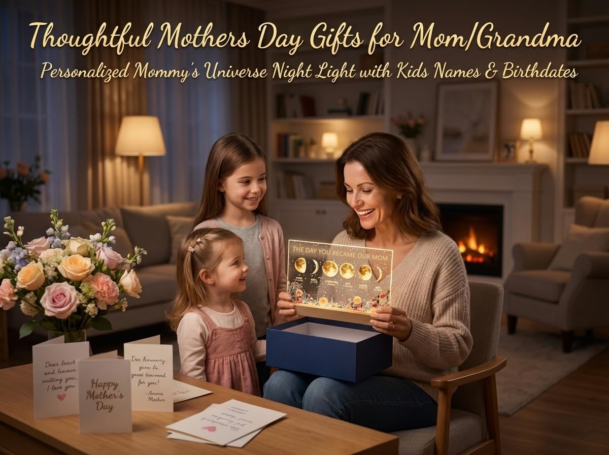 Custom Moon Phase Photo Frame with Night Light Personalized Moms Sky Moons Light Box with Kid's Name Birthdate Gift For Mother's Day Mom Grandma Anniversary Birthday (Acrylic Plaque, Moon & Flower)