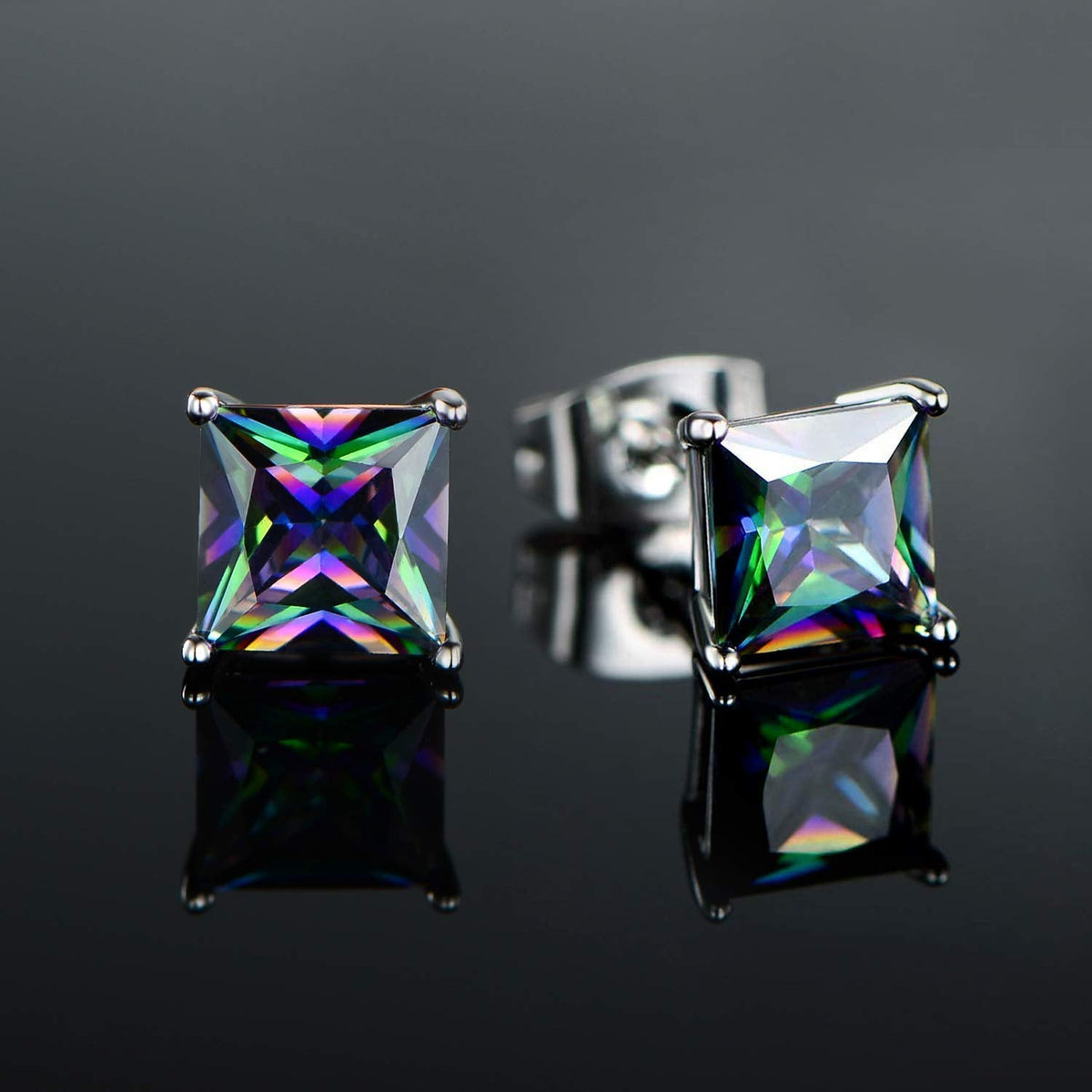 Mens Earrings 18K White Gold Plated Rainbow Quartz CZ 6mm Square Ear Pierced Gemstone Vintage Sparkle Studs Earings for Women Hypoallergenic Jewelry Birthday Valentines Gifts