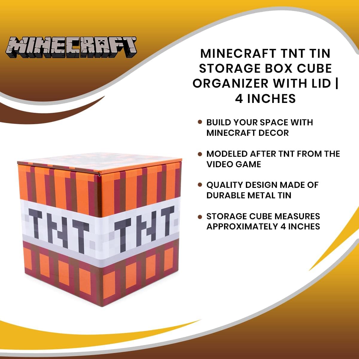 Minecraft TNT 4-Inch Tin Storage Box Cube Organizer with Lid | Basket Container, Cubby Cube Closet Organizer, Home Decor Playroom Accessories | Video Game Toys, Gifts and Collectibles