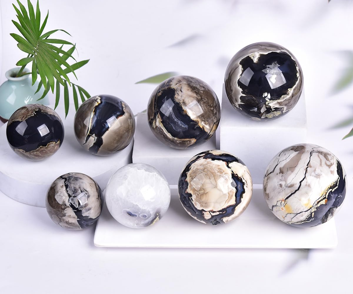 JIC Gem 3.1-3.5 inch(80-90mm) Large Volcanic Agate Crystal Sphere Quartz Crystal Ball with Stand Healing Ornament Witchcraft Meditation Decor