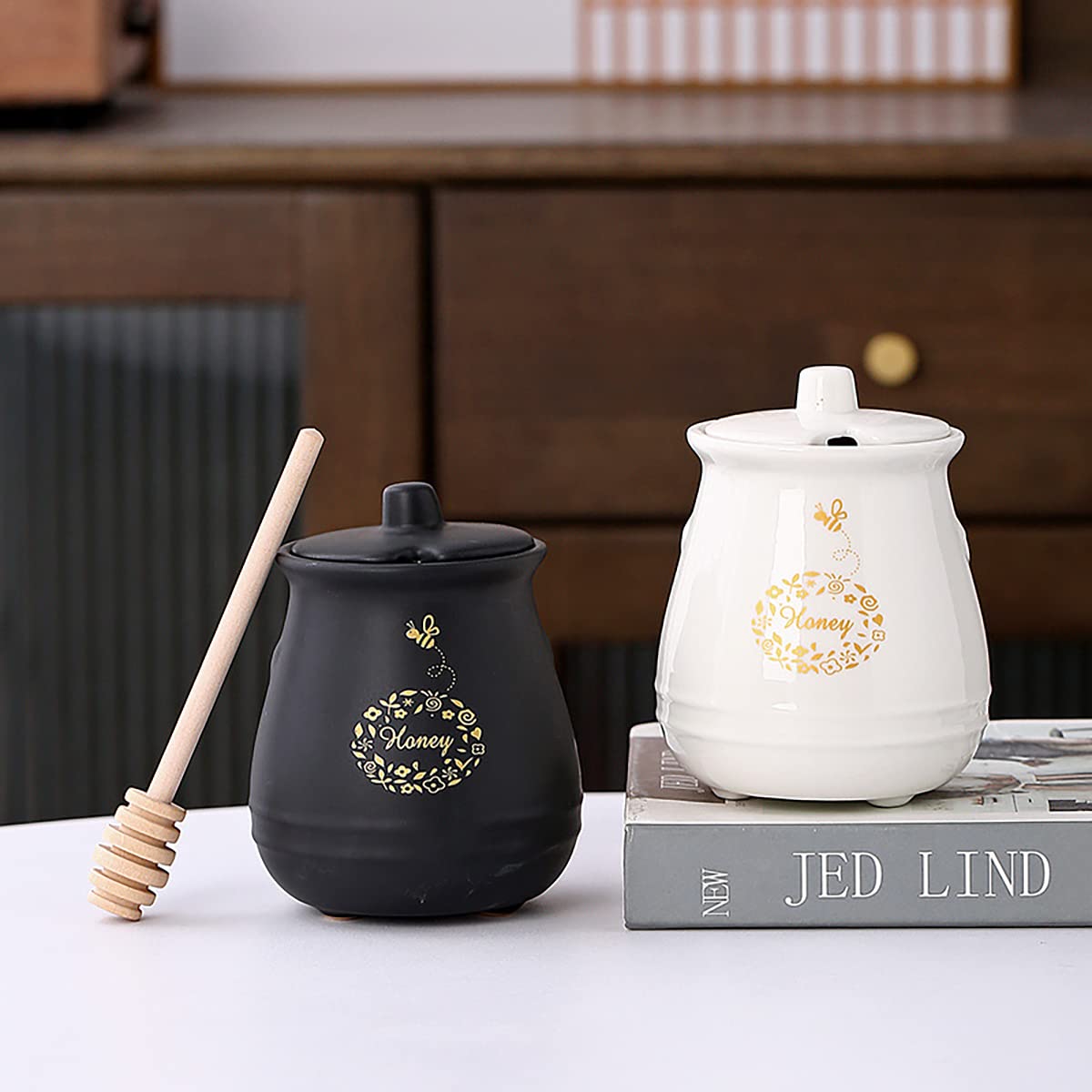 Kosmeey Ceramic Honey Jar With Wooden Honey Dipper - Honey Pot With Dipper - Black Honey Dispenser with Stand, Great Bee Decor- Farmhouse Kitchen Decoration