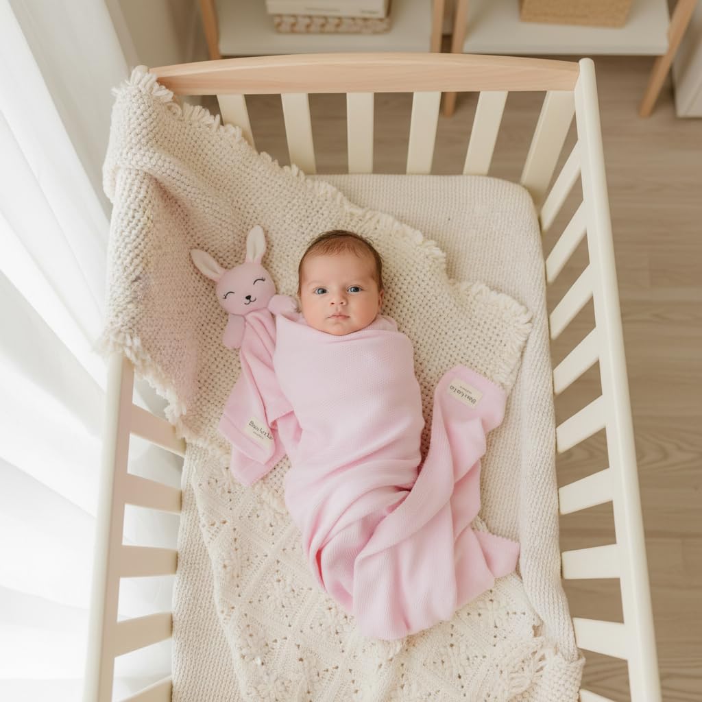 Bleu La La Baby Gift Set - Organic Cotton Newborn Blanket and Lovey Security Blanket Set, Thoughtful Baby Shower & New Baby Gift for Boys & Girls (Lovey - Bunny - Pink)
