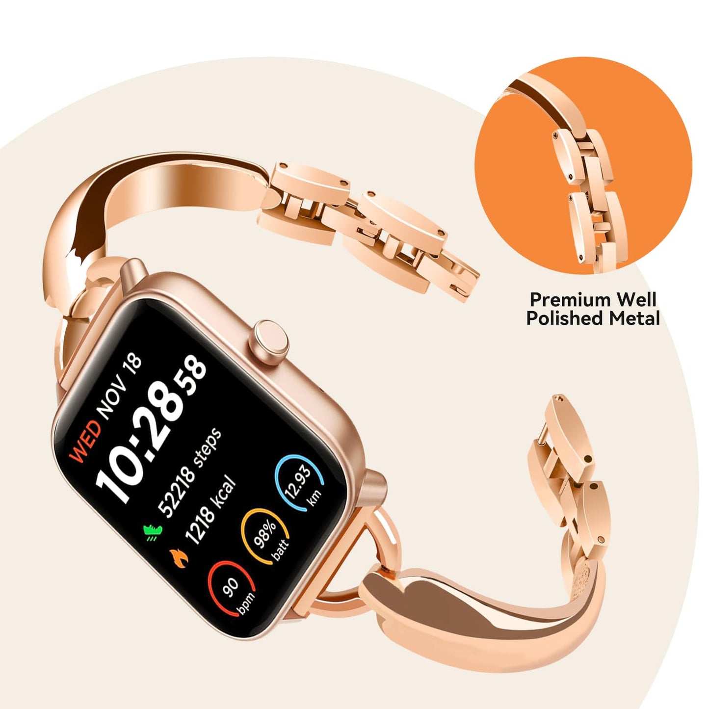 IDW13,IDW16,IDW19,IDW17 Smartwatch Bands, LYSANDRA stainless steel Shiny Fancy Wristband, Stylish Replacement Slim Strap Compatible for IDW13 Watch/Woneligo W3/IDW16 Watch/IDW19 Watch/22mm lug watch (Rosegold)