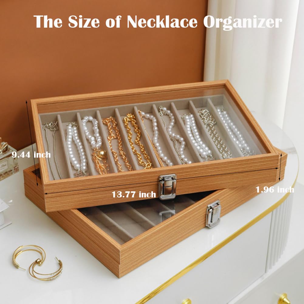 MIOINEY Glass Lid Necklace Organizer Box Transparent Necklace Holder Organizer Velvet Necklace Display Box Clear Lid Jewelry Storage Stackable Necklace Display Case for Women Girls (Style A)