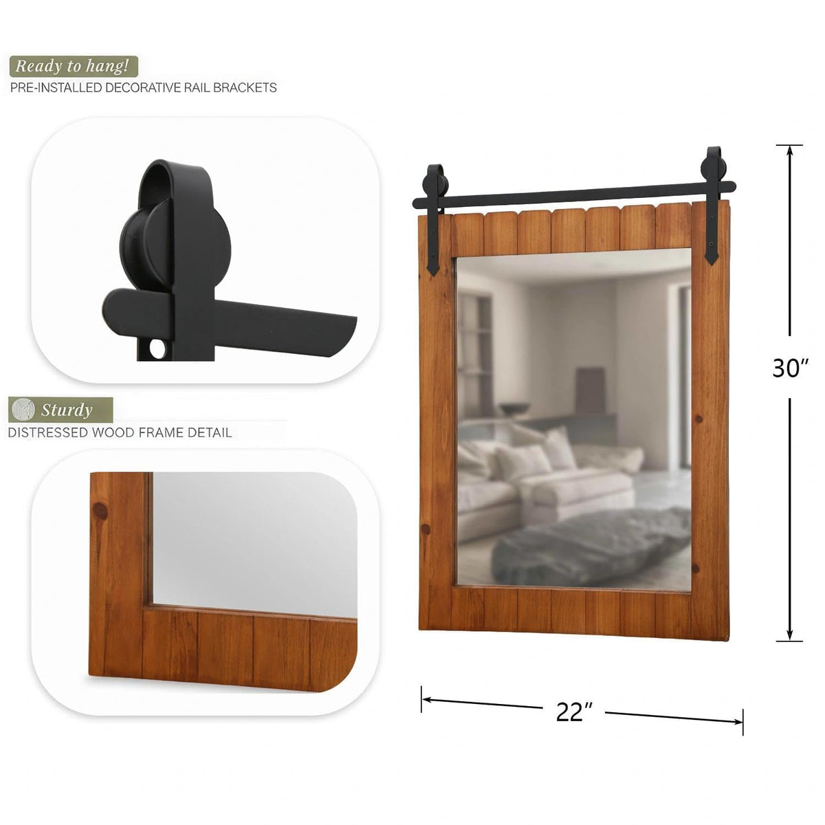 Besdomus Rustic Bathroom Farmhouse Mirror: 22"x30" Brown Western Barn Door Solid Cedar Wood Frame Vanity Mirror - Wall Mounted for Bathroom/Hallway/Living Room - Rustic Decor for Fashion-Conscious