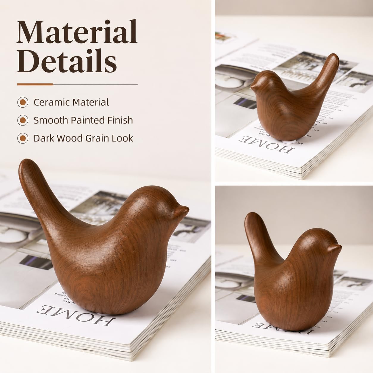 WhimWove 2 Pcs Ceramic Bird Figurines with Dark Wood Grain Look, Small Bird Statues for Home Decor, Modern Animal Sculptures, Shelf Decor, Bookshelf Decor, Tabletop Decorations for Living Room Office