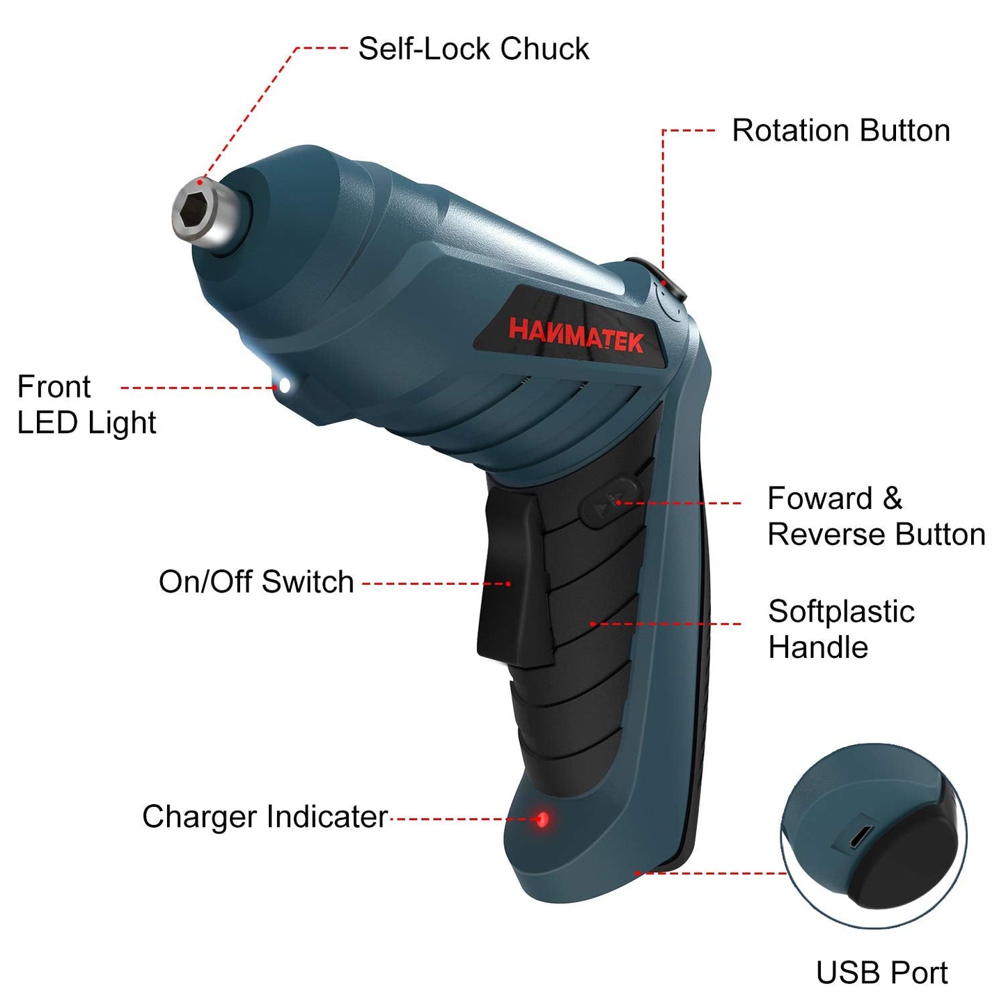 HANMATEK Electric Screwdriver Cordless Screwdriver Tool Rotated 90 Degrees with Rechargeable Battery & LED Light for Home DIY
