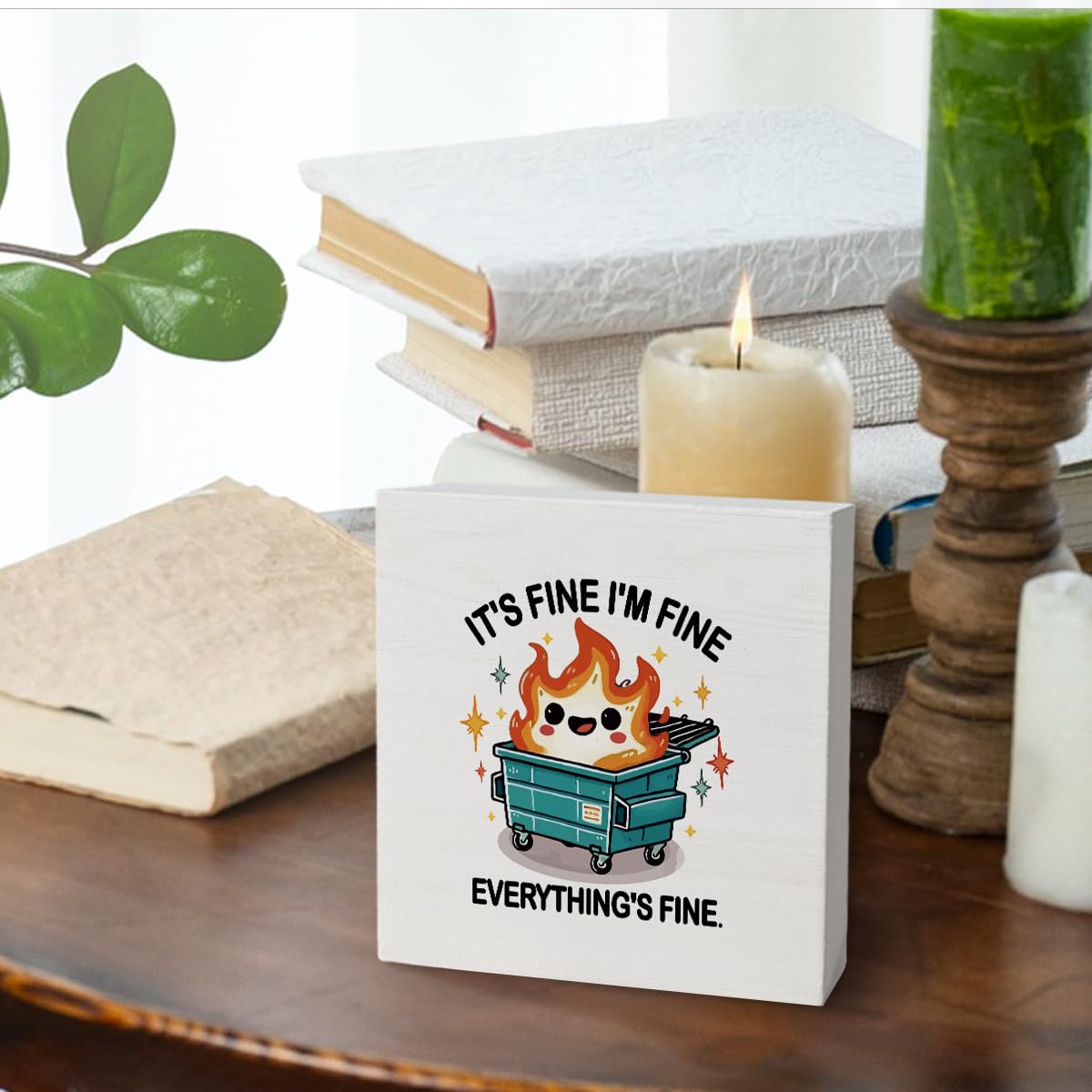 FLVGE Dumpster Fire Desk Accessories Dumpster Fire Ornament Funny Desk Sign Décor, Gifts for Coworker, Boss, Men, Women,It's Fine I'm Fine Everything is Fine,5x5 Inch