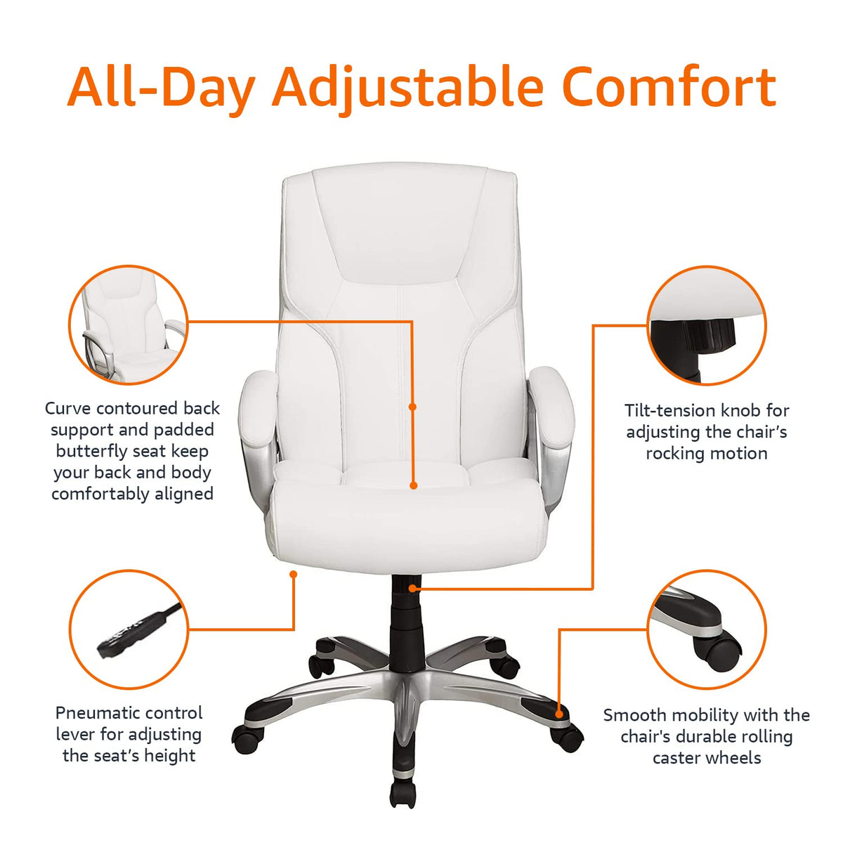 Amazon Basics Executive High Back Office Desk Chair, Adjustable Height, Tilt, Swivel, 275lb Capacity, Bonded Leather, White/Pewter