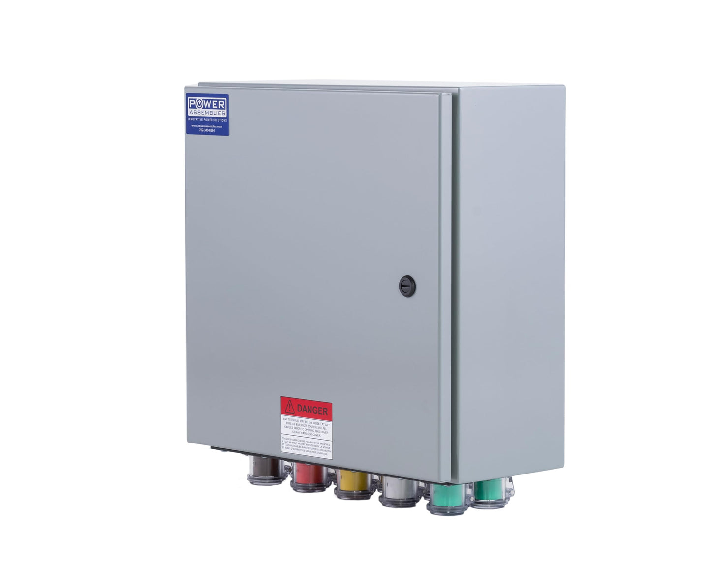 Power Assemblies Camlock Connection Box, 800 Amp, 3 Phase, NEMA 4/12, 277/480V, 4 Wire, Double Set Screw Wall-Mount, Carbon Steel, Water Resistant, Series 16 Color Coded Camlocks, BRN/ORG/YEL/WHT/GRN