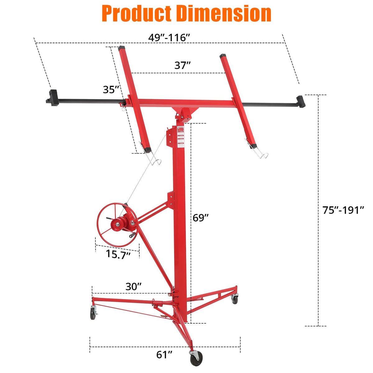 Garvee Drywall Lift 16 ft, Drywall Jack Lift for Ceiling, Adjustable Panel Hoist, 150 LBS Heavy Duty Drywall Lifter, 3 Lockable Wheels Foldable Sheetrock Lift for Home Improvement, Red