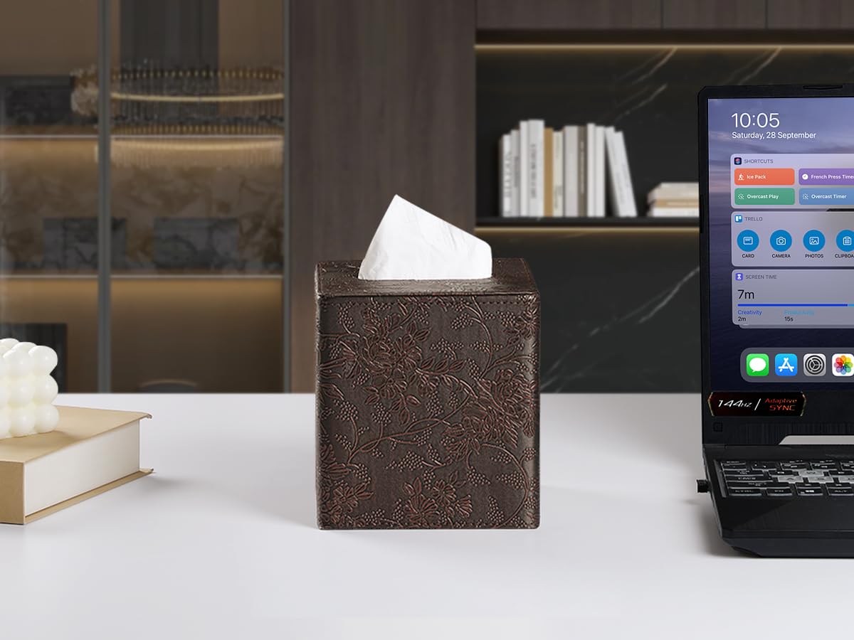 Square Tissue Box Cover, Stylish Leather Tissue Box Holder with Magnetic Bottom, Used As A Decorative Tissue Holder for Living Rooms, Bedrooms, and Desks (Brown Grape Pattern)
