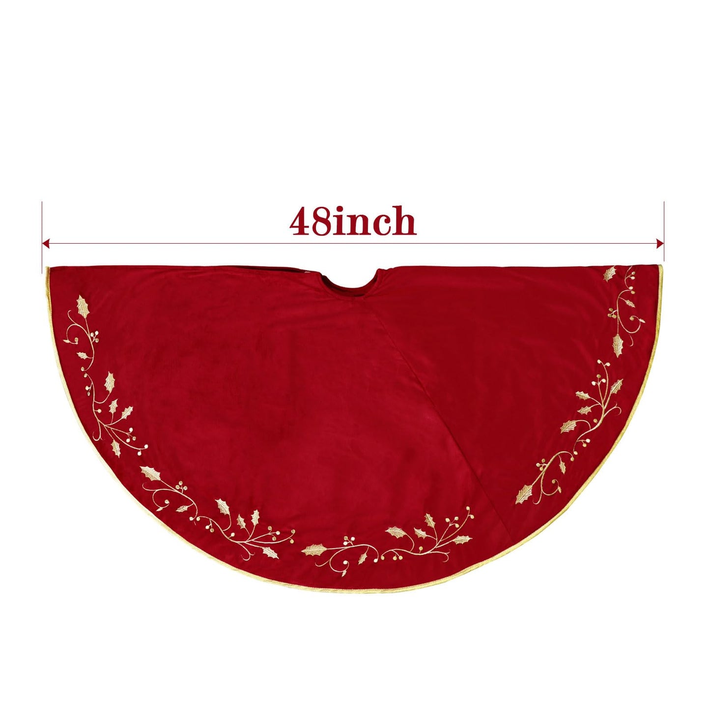 Bunny Chorus Christmas Tree Skirt, 48 inches Red Luxury Velvet Plush Fur Skirts with Gold Embroidered Holly Leaf for Rustic Xmas Tree Holiday Decorations