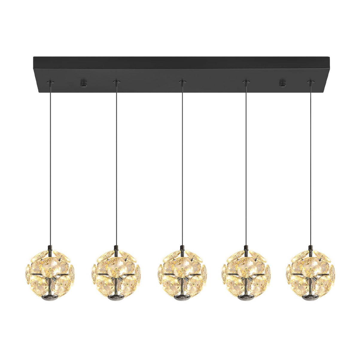 ykolupty 5-Lights Crystal Globe Pendant Light Kitchen Island Black Linear Chandeliers for Dining Room,LED Dimmable Globe Chandelier for Kitchen Living Room Foyer