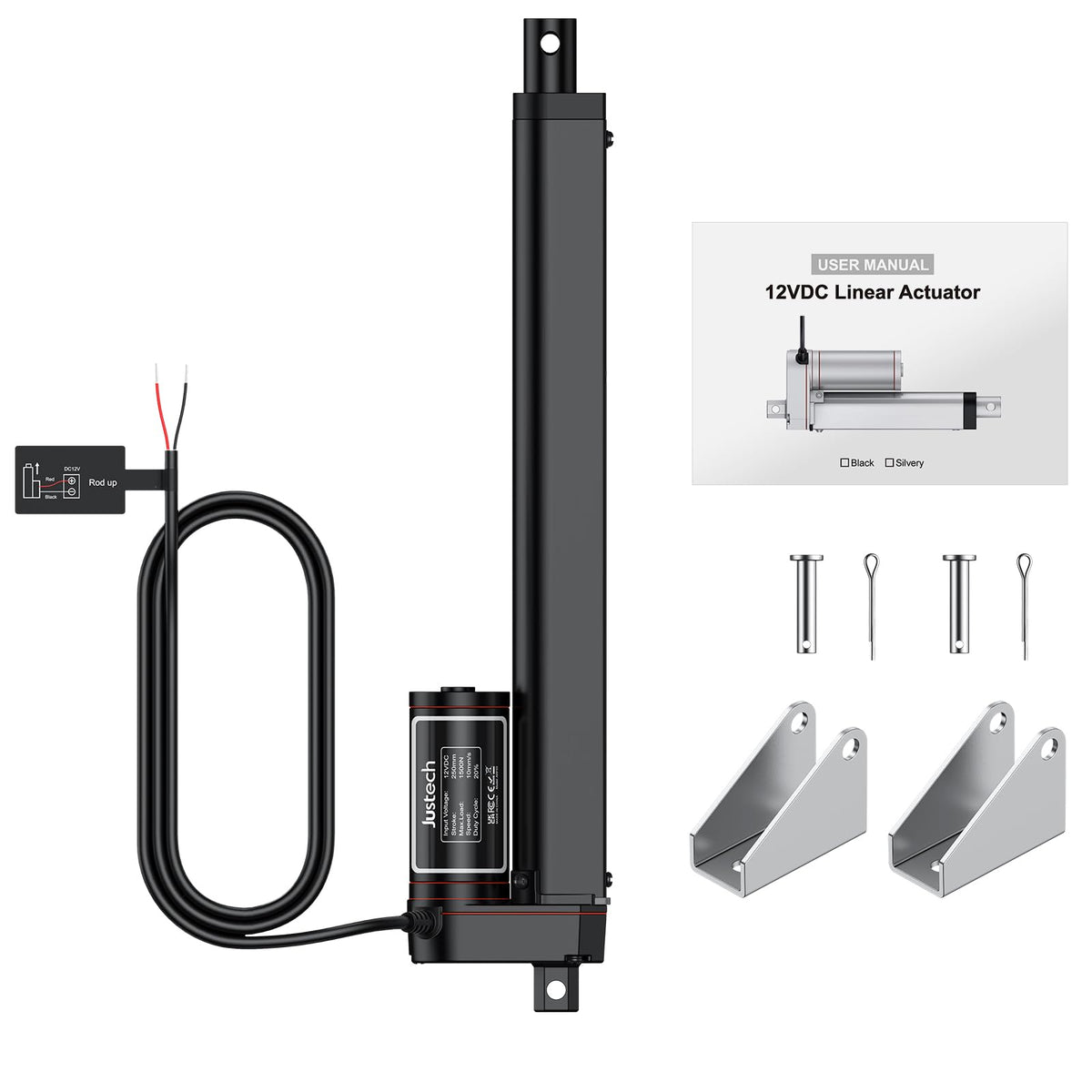 Justech 12V Heavy Duty Linear Actuator 10 inch/250mm 330lbs/1500N Silent IP65 Waterproof Electric Actuator with Brackets for Electric Windows, RV Adjustments, Solar Trackers, Industrial Machinery