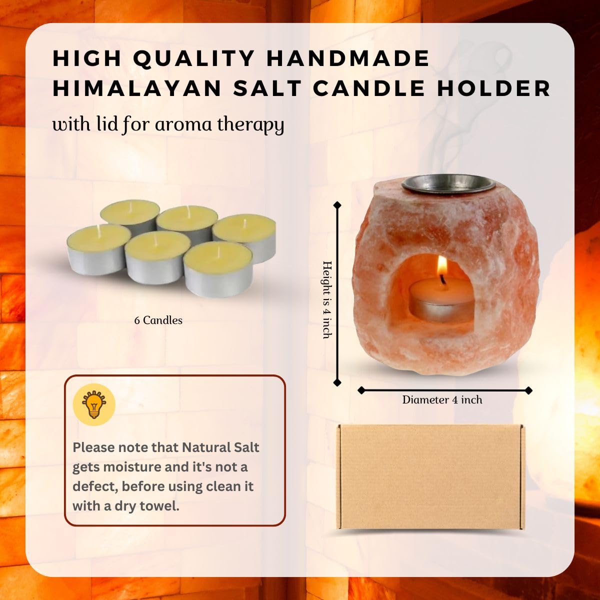 Himalayan Salt Candle Holder with Aroma Lid - Includes 6 Tea Light Candles, 4-Hour Burn Time - Natural Decor for Home, Office, and Spa, 3.5 inch.
