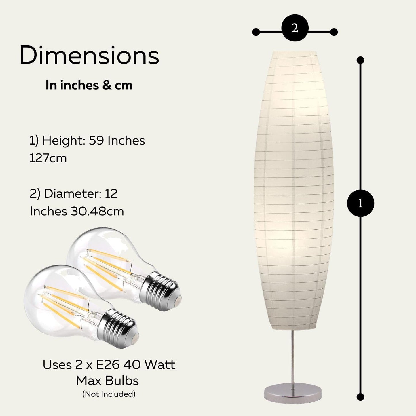 LIGHTACCENTS Paper Floor Lamp Set of 2, 59" Tall Modern Standing Lamps for Living Room, Bedroom, Dorm, Apartment, Asian Style Rice Paper Shade Lantern Lights, 2-Pack