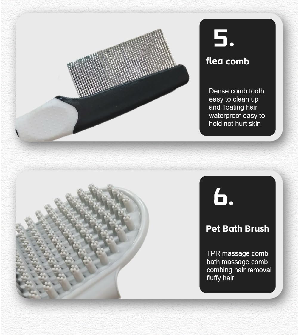Dog Grooming Kit for Dogs at Home, 6-in-1 Pet Grooming Kit with Slicker Brush, Dematting Tool, Stainless Steel Comb, Nail Clipper for Dogs, Nail File & Bath Massage Glove