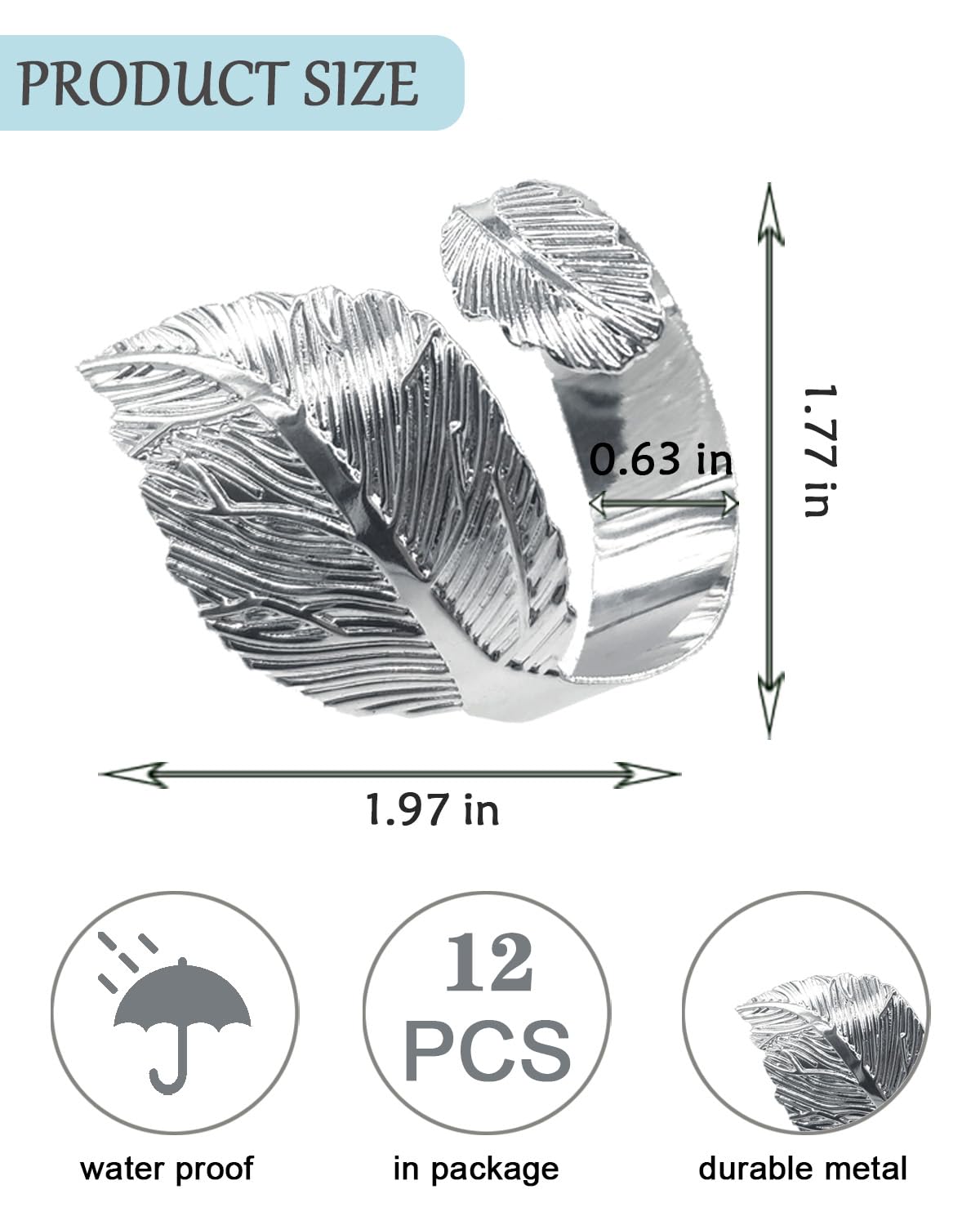 SEEBRIDER Napkin Rings Set of 12, Napkin Rings Silver Leaf Metal for Table Setting Wedding Birthday Anniversary Easter Christmas Halloween Thanksgiving Party Fall