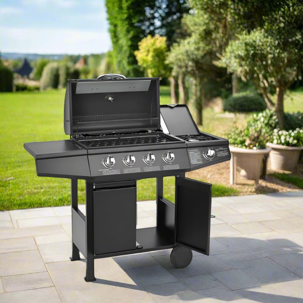 CosmoGrill Original 5 Gas Burner 4+1 Garden Grill, Steel Warming Rack, Side-Burner, Storage & Built-in Temperature Gauge for Home Garden Party Outdoor Cooking
