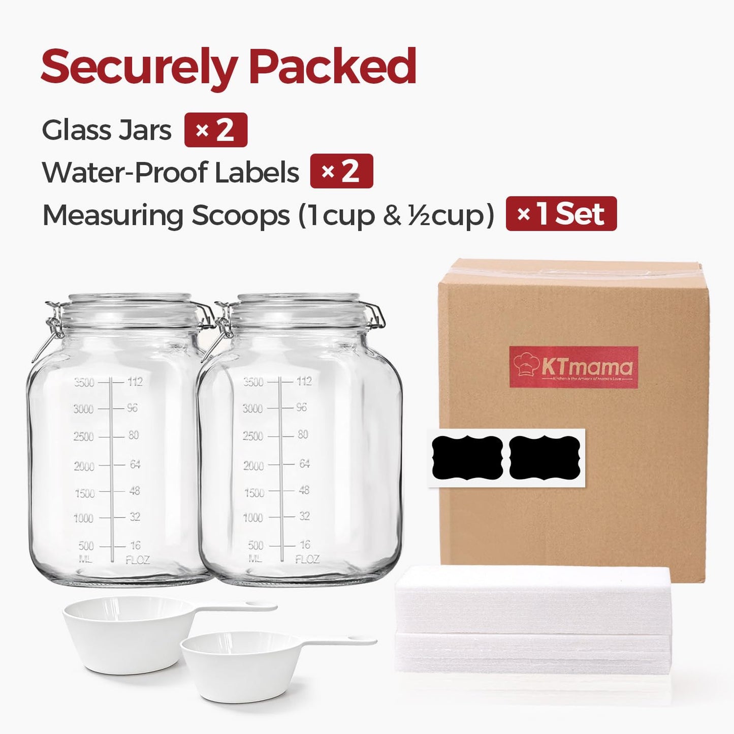 KTMAMA 1.1 Gallon Wide Mouth Glass Canisters with Airtight Lids & Measurement Marks (2-Pack) – Includes 2 Measuring Scoops & Labels, Food Storage Jars for Flour, Sugar & Baking Supplies | BPA-Free
