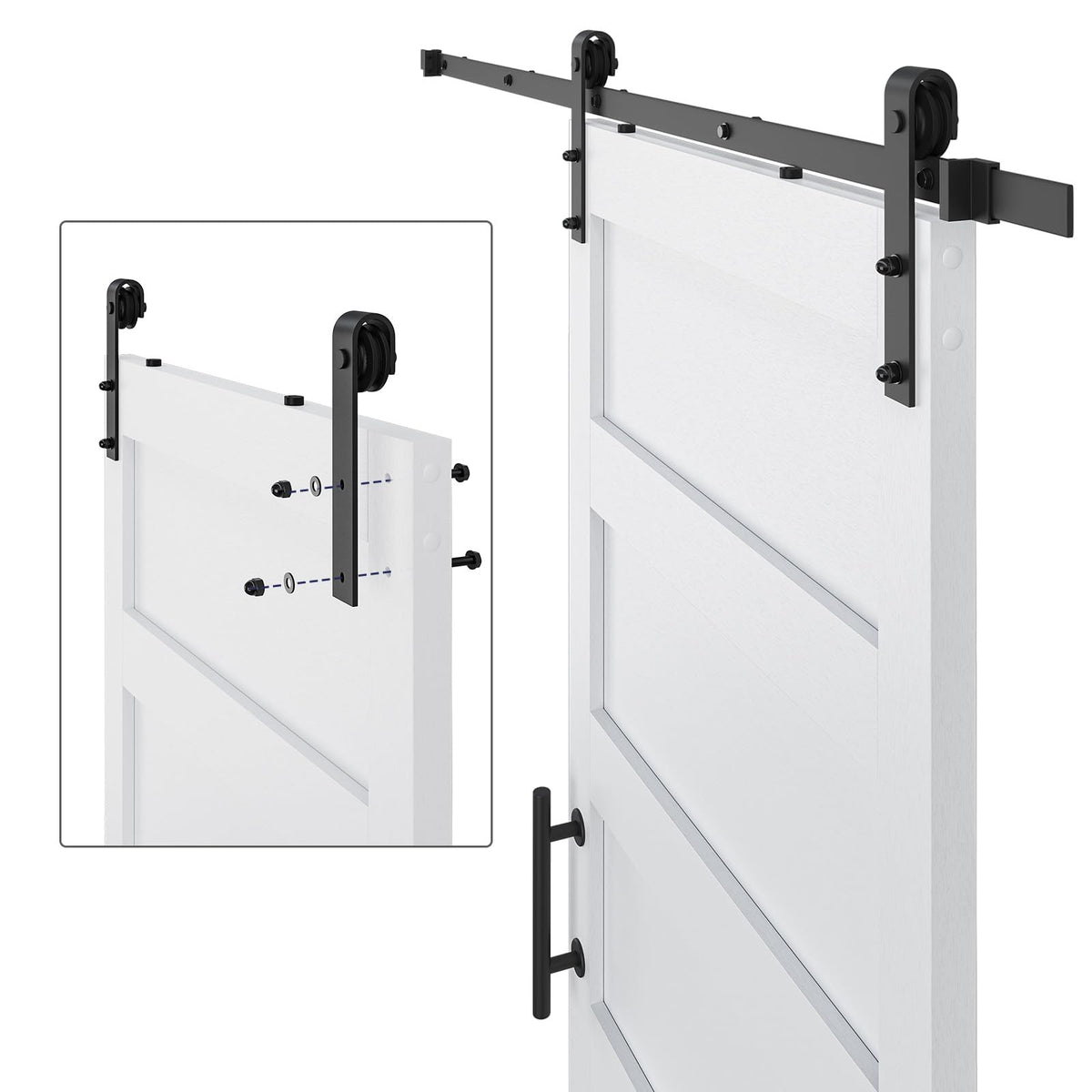 COSHOMER 42in x 84in Sliding Barn Door with 7ft Barn Door Hardware Kit & Handle, Pre-Drilled Holes Easy Assembly -Solid Barn Door Slab Covered with Water-Proof PVC Surface, White, 5 Panel
