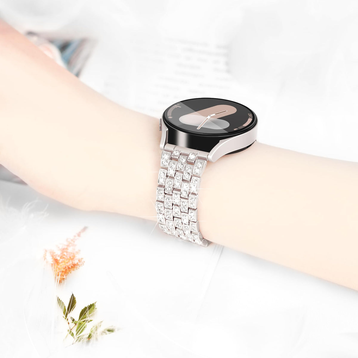 G-ficu Galaxy Watch 7 6 5 4 FE Band 20mm Diamond Bands for Samsung Galaxy Watch 7 6 5 4 FE Band 40mm 44mm, Women Bling Metal Strap for Samsung Watch Bands/4 6 Classic/3 41mm/Active 2-Cream