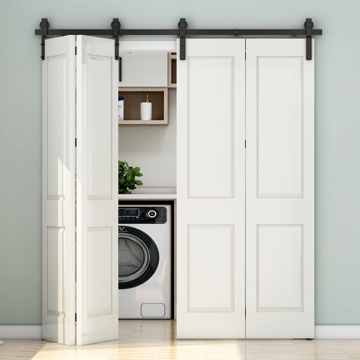 CCJH 5.5FT/68'' Bi-Folding Barn Door Hardware Sliding Track kit Heavy Duty for 4 Doors(No Wood Door,Hardwware Only)