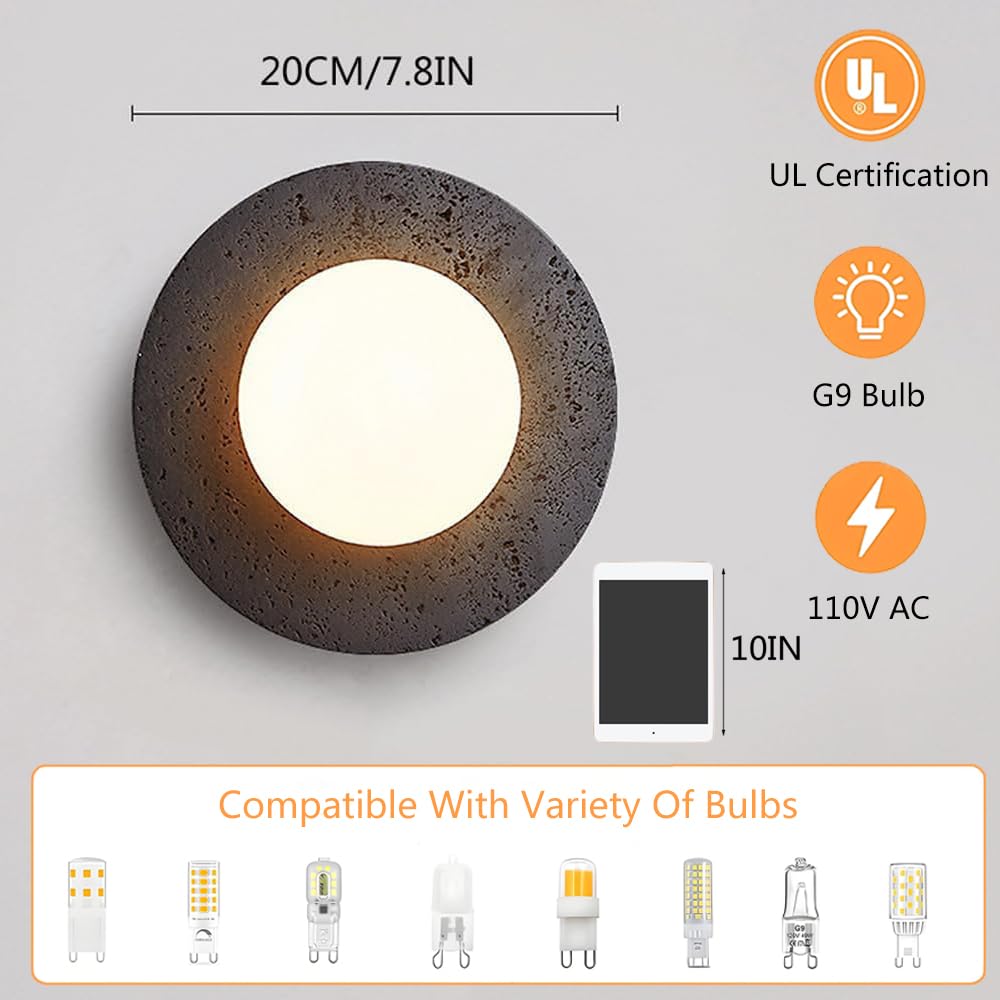 BFFGKGL Modern Natural Black Travertine Hallway Wall Sconce Nordic Creativity Round Transmittance Glass Bedside Wall Light Japanese Minimalist Aisle Wall Lamp For Living Room Stairs Living Room Balcon