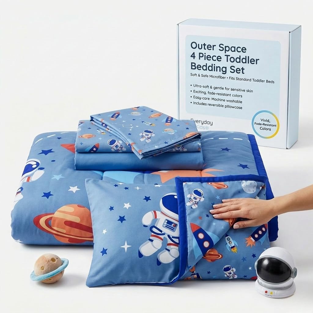 EVERYDAY KIDS 4 Piece Toddler Bedding Set - Outer Space Adventures - Includes Comforter, Flat Sheet, Fitted Sheet and Reversible Pillowcase