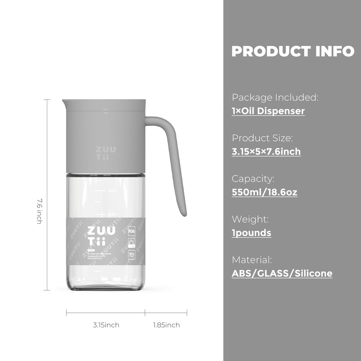Zuutii Olive Oil Dispenser Bottle 18.6oz – Auto Flip Glass Vinegar Bottle with No-Drip Spout for Kitchen Cooking, Oil and Sauce Dispenser,Gray
