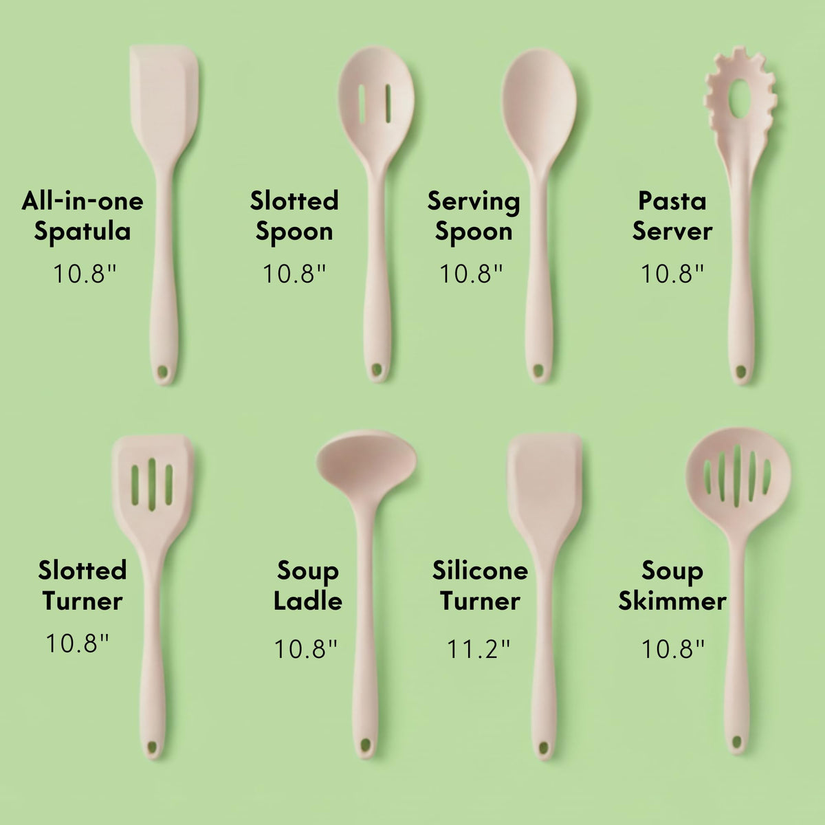 Non-Toxic Platinum Silicone Kitchen Utensil Set of 8 โ Non-Scratch Cooking Spoons & Spatulas, 100% Plastic Free, Stainless Steel Core, Heat Resistant 500ยฐF, Beige