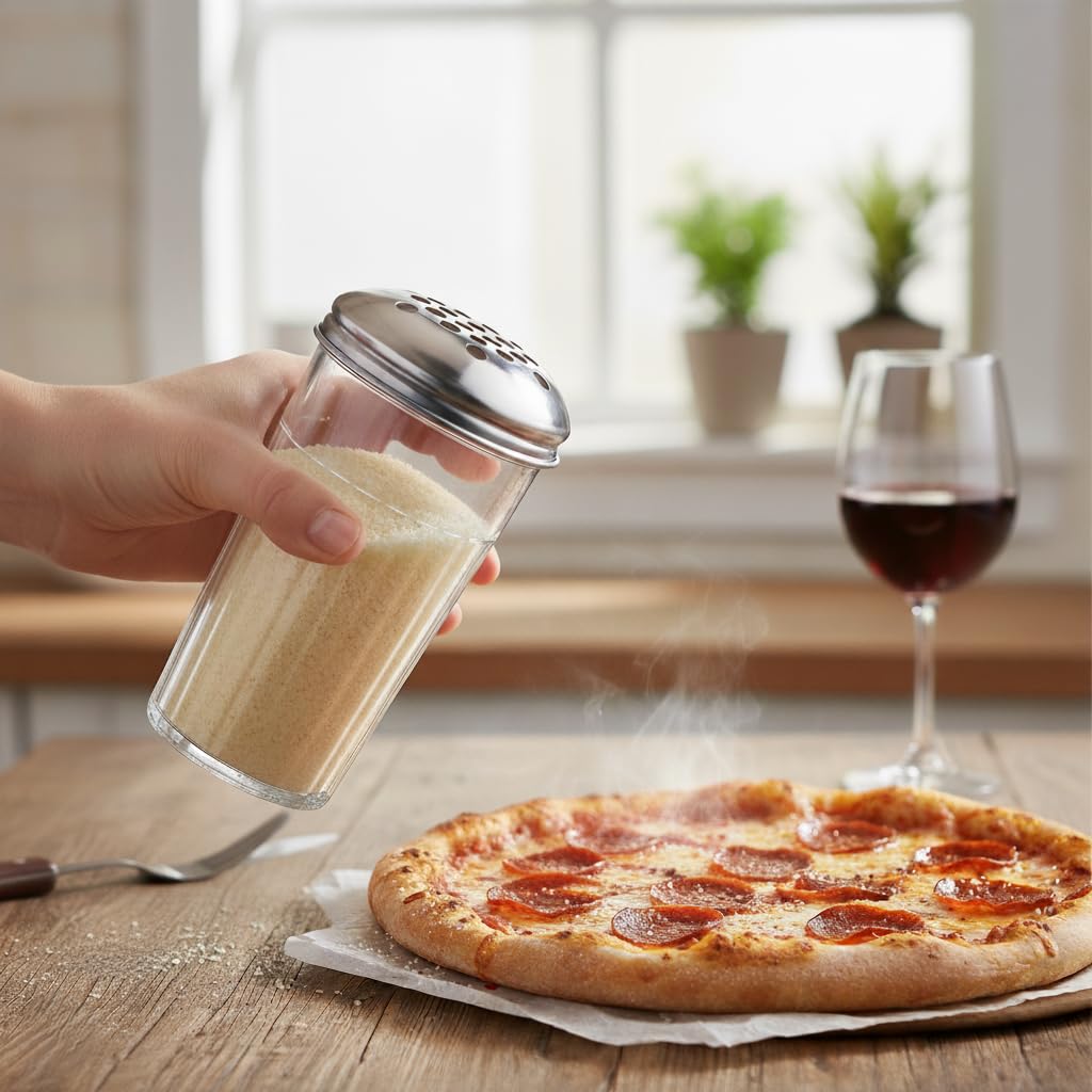 12-Ounce Plastic Parmesan Cheese Shaker/Red Pepper Shaker with 1/4" Large Holes Stainless Steel Lid, Clear Plastic suger/spice dispenser Lids, By Geex Depot US. (360ml) (1) (12)