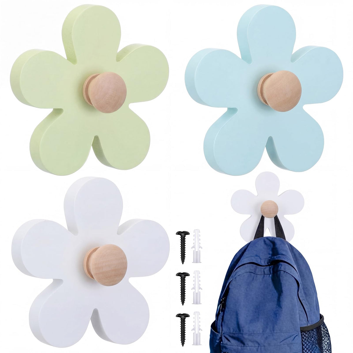 AceOrbit Pcs Daisy Wall Hooks Wood Flower Towel Hooks Cute Flower Decorative Wall Mount Hangers for Bathroom Kitchen Bedroom Home Entryway Decor(3,White, Green, Blue)