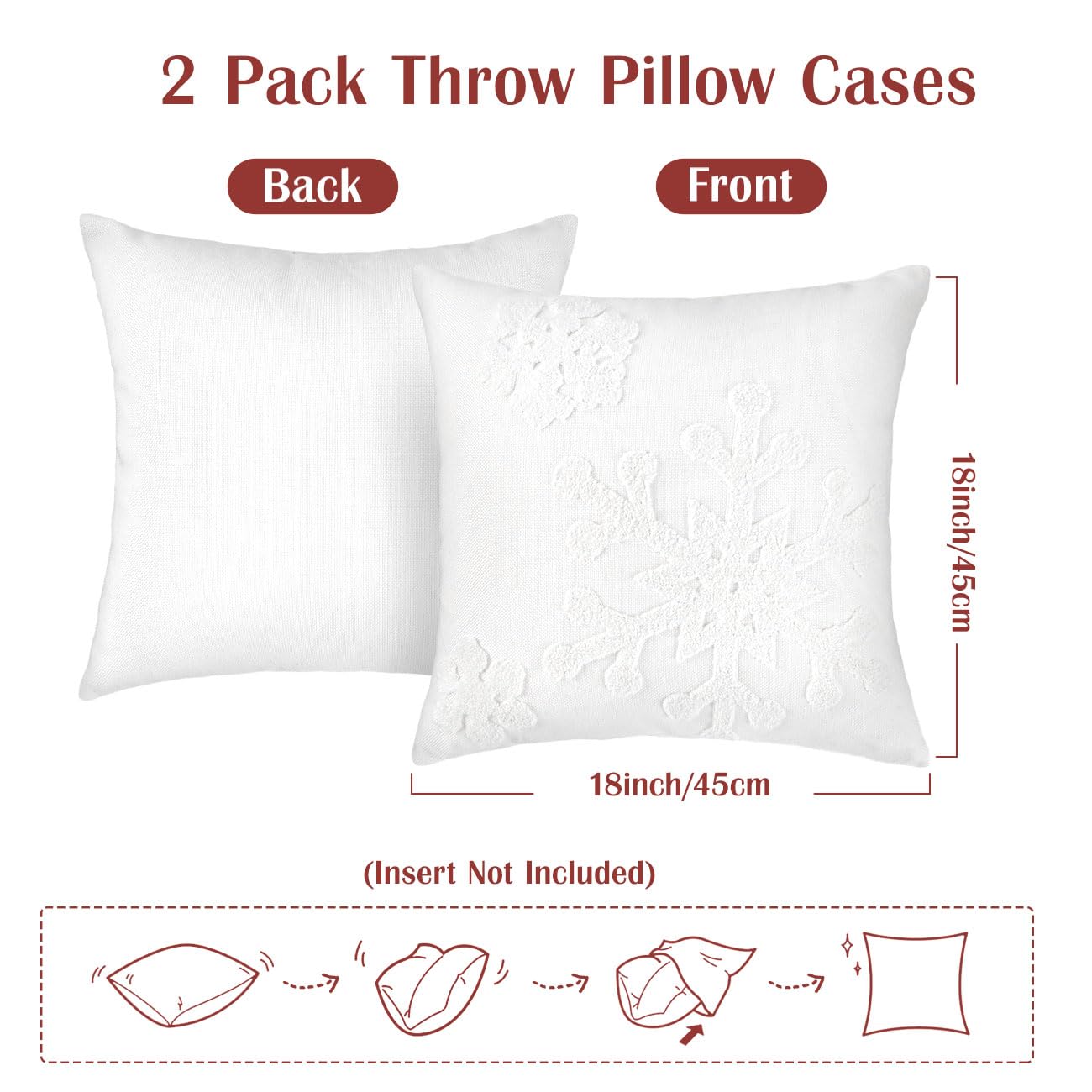 Lewondr Christmas Throw Pillow Cover, 2 Pack Snowflake Embroidery Decorative Throw Pillow Case Linen Sofa Cushion Cover for Party Thanksgiving Day Xmas Decor 18"x18"(45x45cm) - White