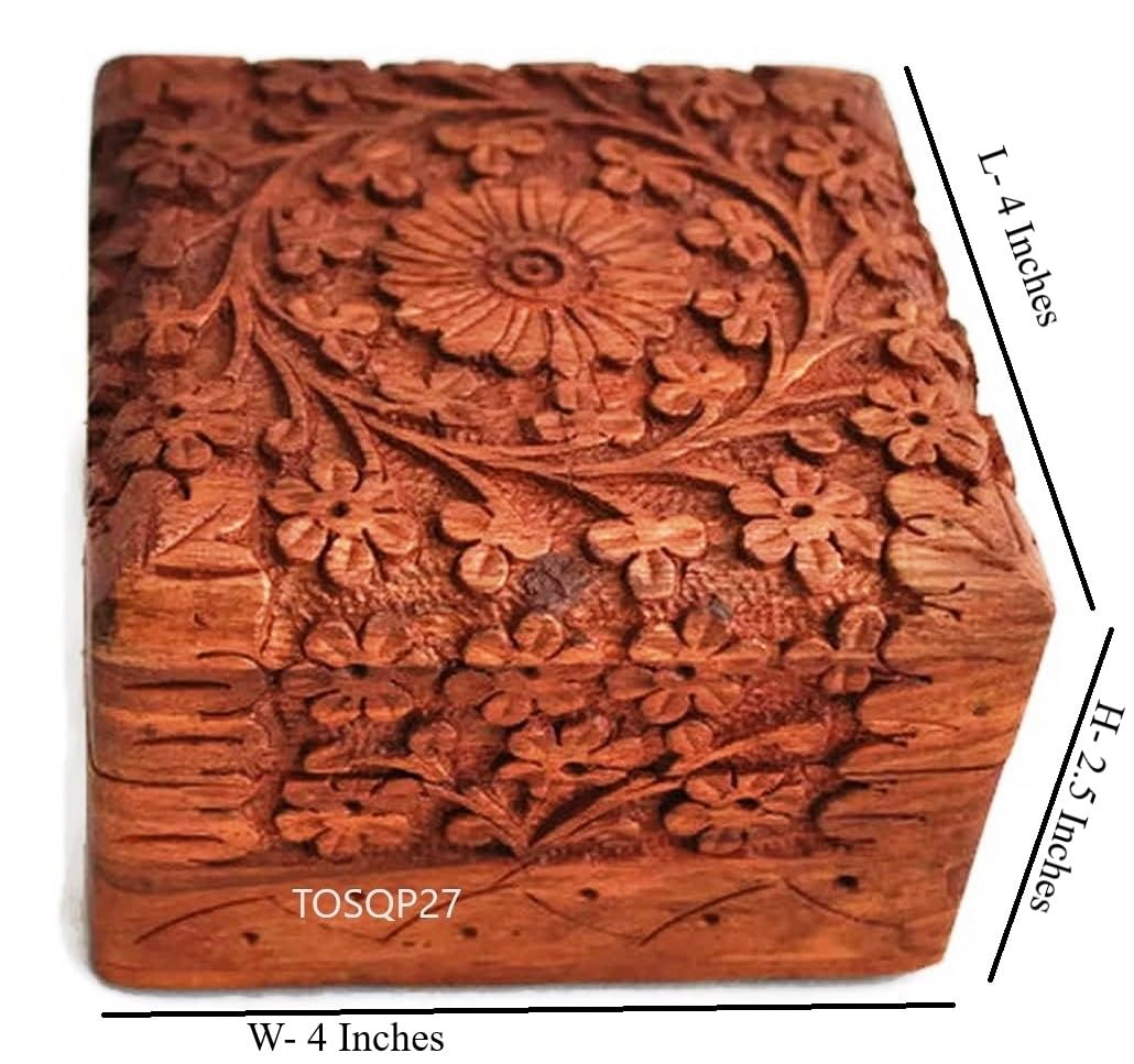 TOSQP27 Gift Jewelry Box Rosewood Hand-Carved Novelty Unique Trinket Case Jewellery – 4 Inch Wooden Travel Jewel Organizer Brass Inlay Velvet – Keepsake Birthday Aniversary Gifts for Women, Girls, Mom