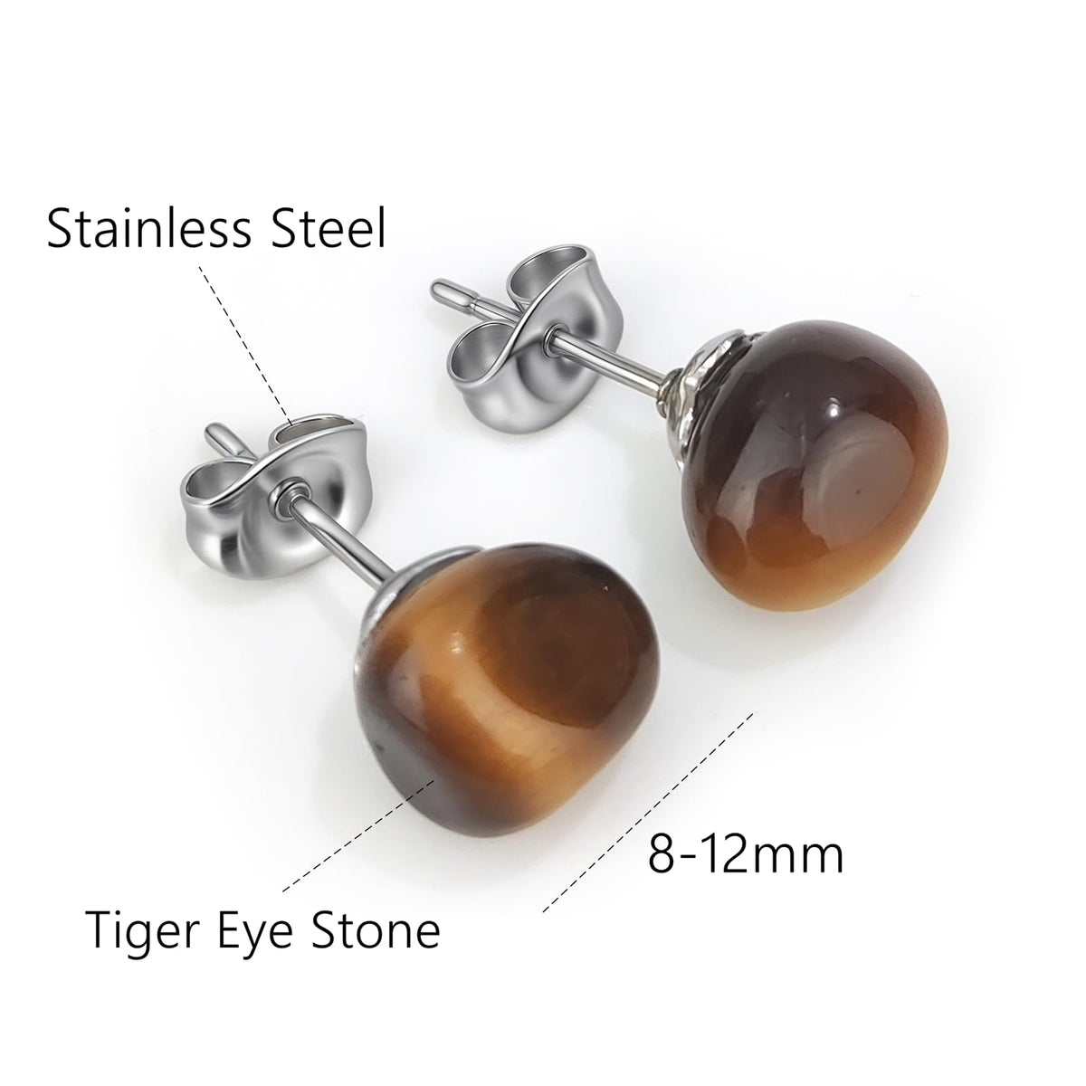 Tiger Eye Earrings, Stainless Steel Natural Gemstone Tiger Eye Stud Earrings for Men, Bohemia Tiger Eye Jewelry Brown Earrings for Women (Tiger Eye)