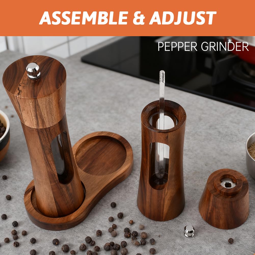 2 Pack Wooden Salt and Pepper Grinder Set with Spoon,Cleaning Brush,8 Inch Refillable Salt and Pepper Shakers,Manual Spice Mills with Clear View Window-Adjustable Coarseness