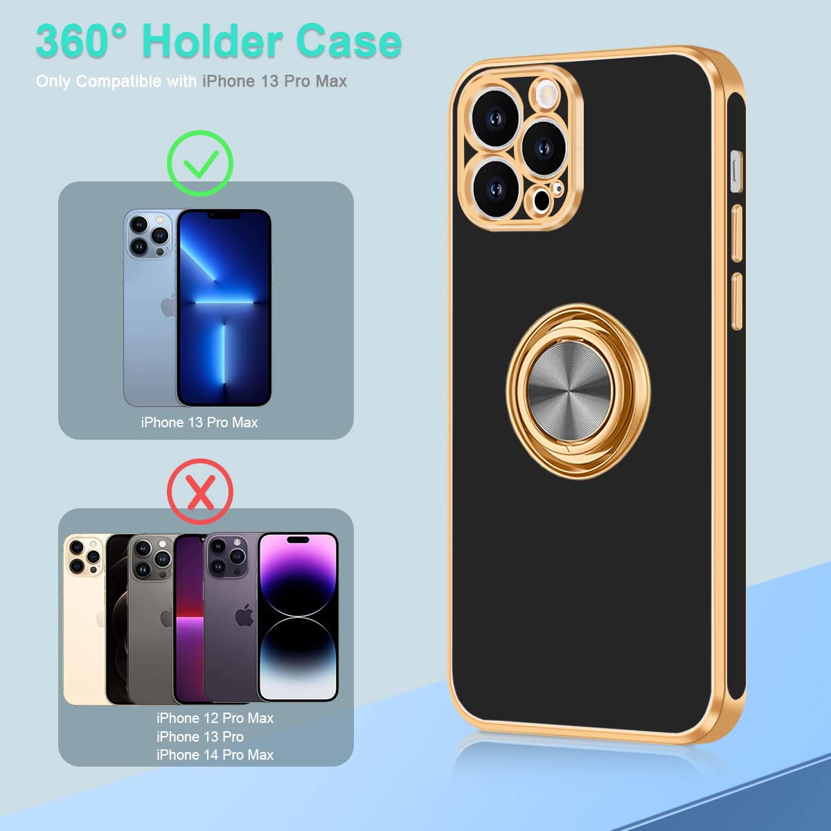 Fingic iPhone 13 Pro Max Case with Ring Stand, 360 Rotatable Magnetic Kickstand, Slim Fit Soft TPU, Black/Gold