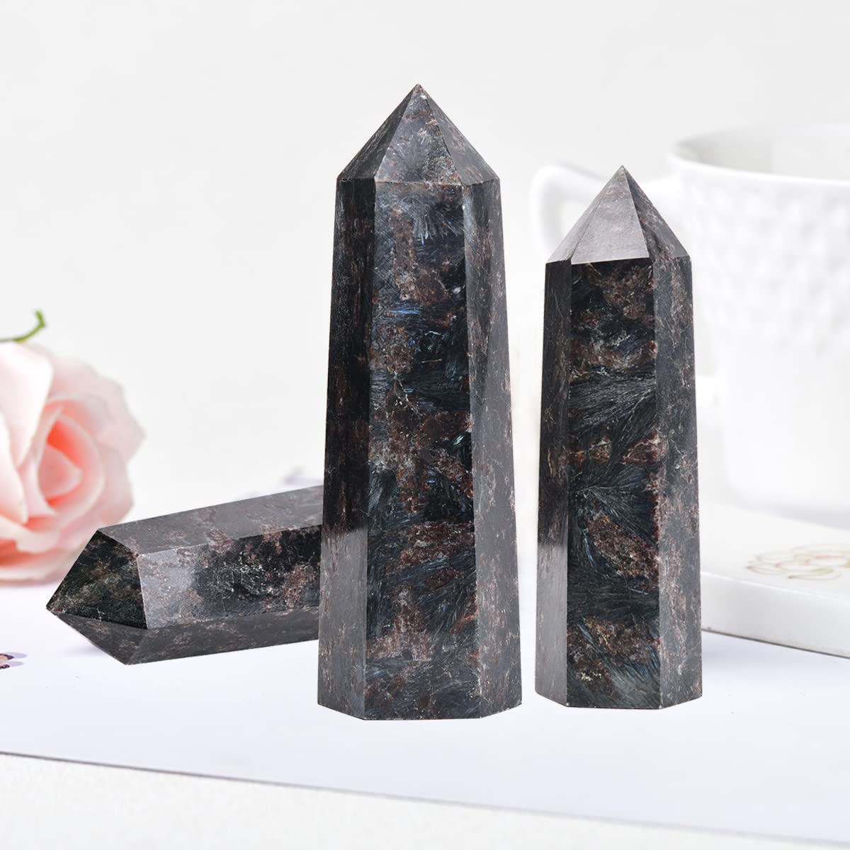 MOGEMT Large Astrophyllite Quartz Healing Crystal Tower Black Firework Stone Obelisk 6 Faceted Single Point Wand Reiki Chakra Meditation Therapy 1.5-2.0 LBS