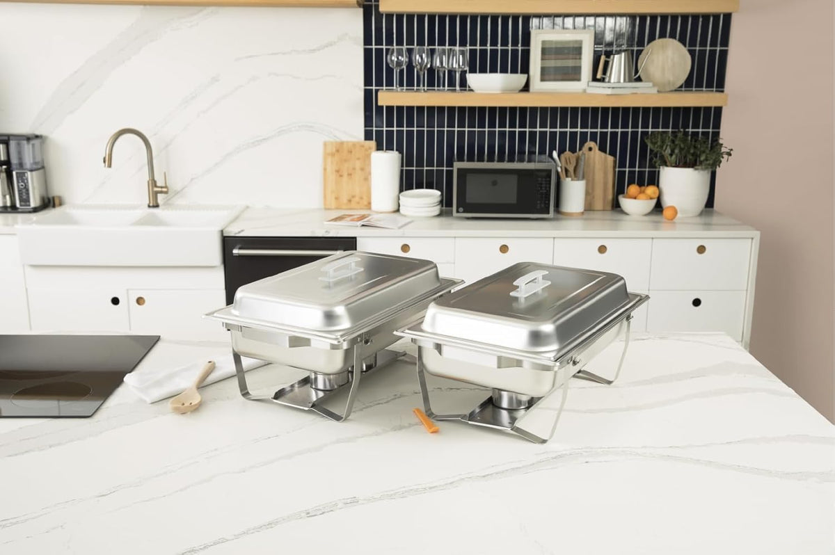 Alpha Living 4 Pack Chafing Dish Full Set – Stainless Steel Catering Chafer with Lids, Pans & Fuel Holders – Buffet Food Warmers for Parties, Events & Weddings (Rolled Edges)
