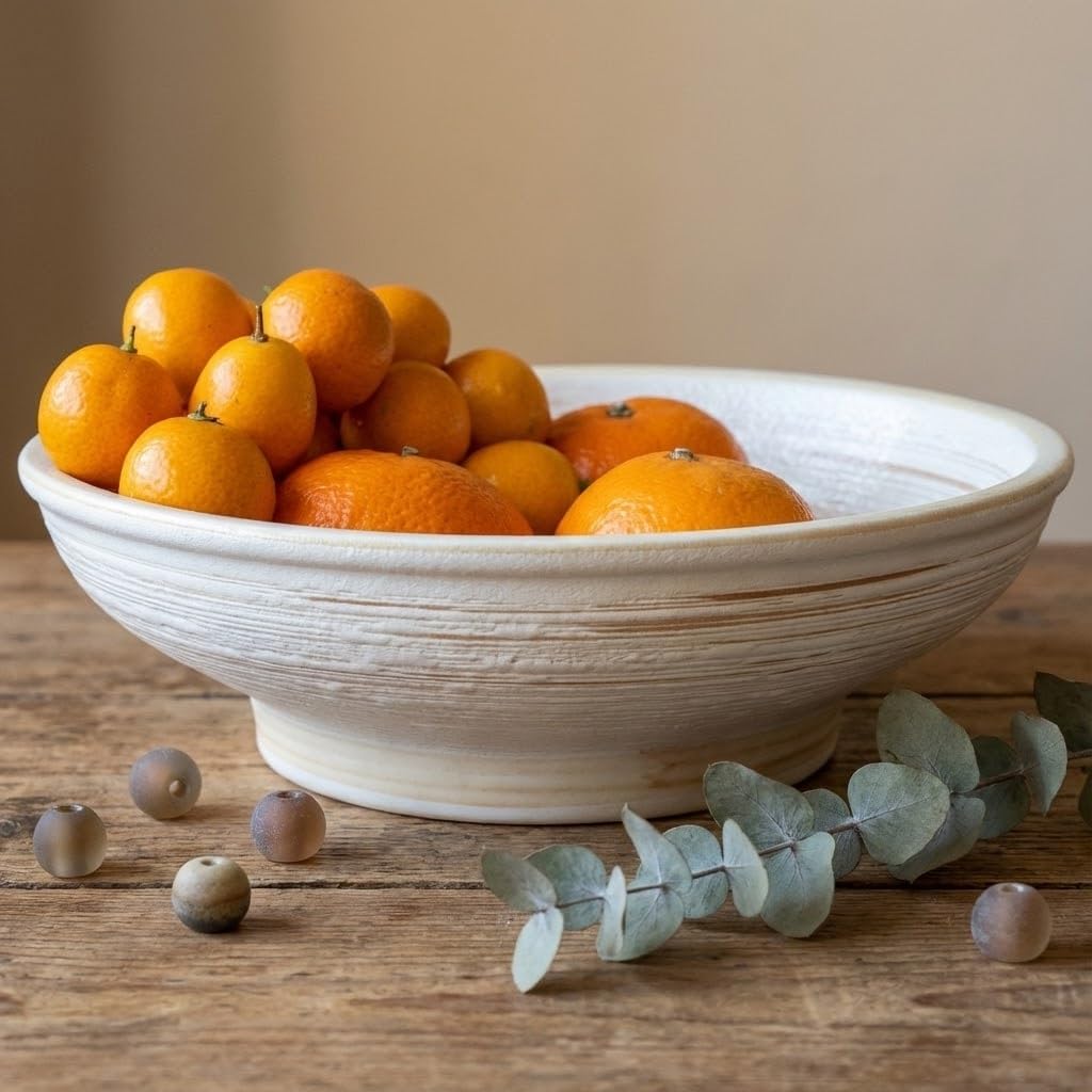 Rliguanrui 9 Inch Decorative Bowl, Embossed Textured Ceramic Centerpiece Bowl for Tabletop, Floral Fruit Display, Kitchen & Dining Serving Bowl, Farmhouse, Bohemian Home Deco