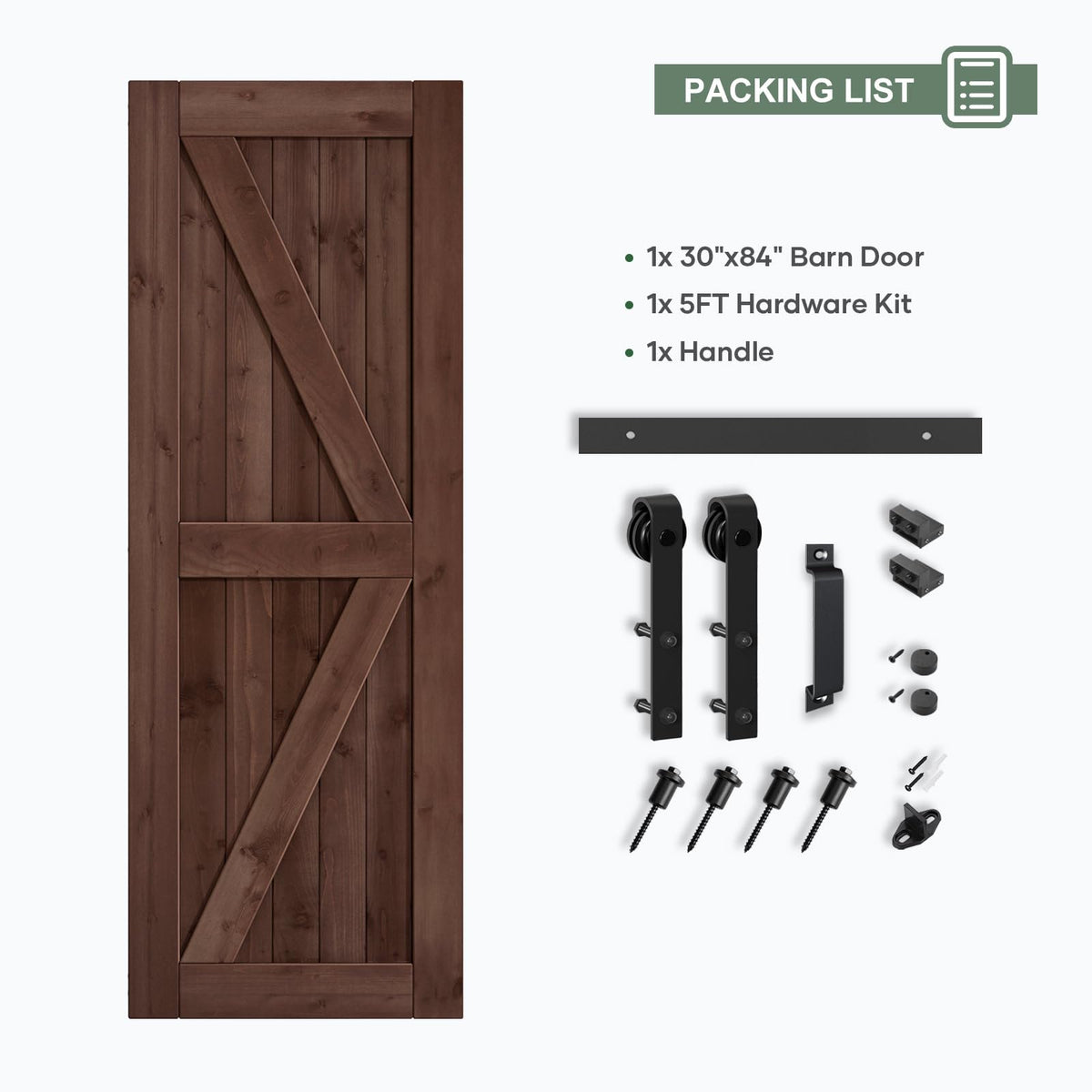 ROYMELO 30x84 inch Sliding Barn Wood Door Slab with 5ft Hardware Kit and Handle, Coffee, K Shape, Simple DIY Assembly