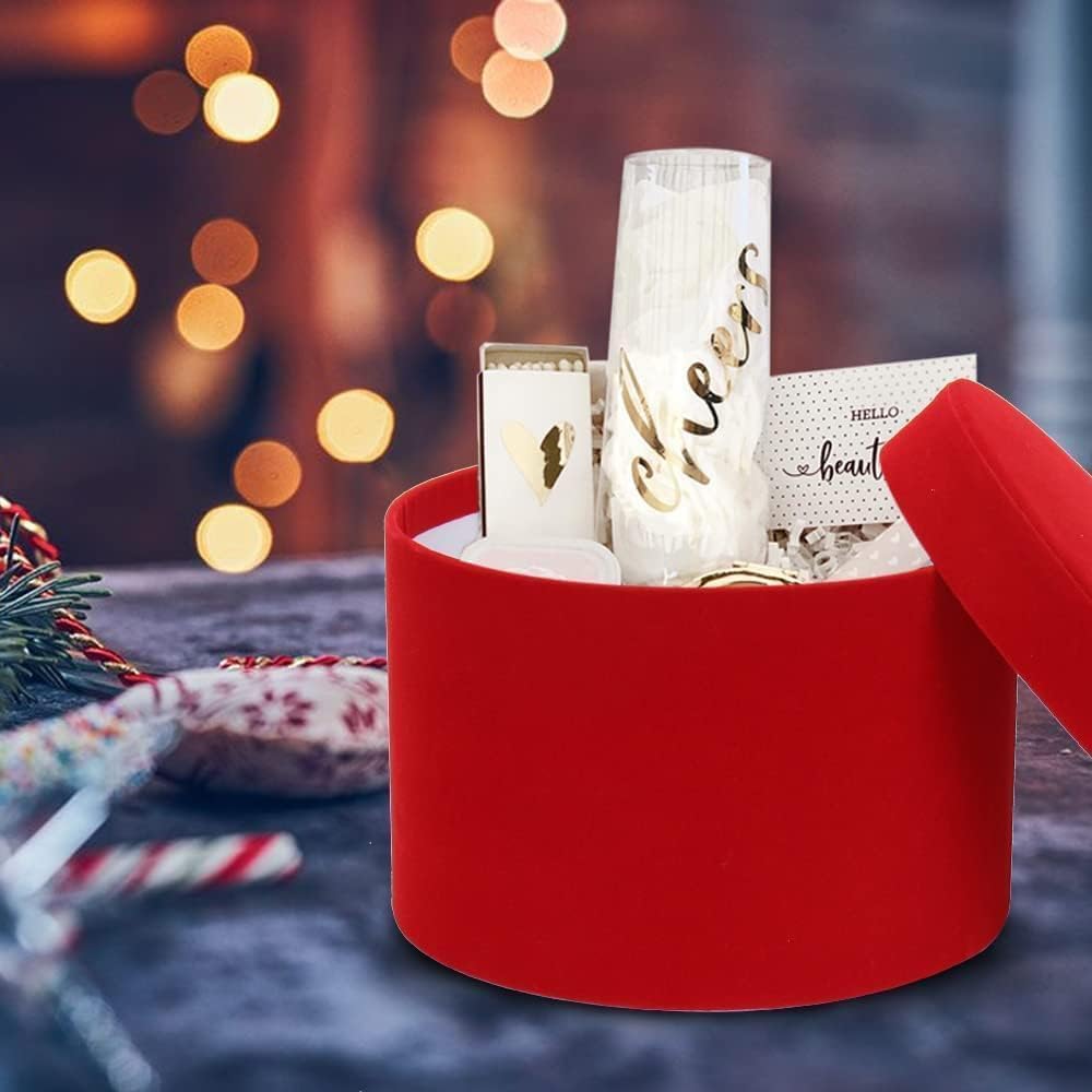 GnFlus Red Gift Boxes with Lids for Presents Set of 4 Round Velvet Nesting Christmas Gifts Box for Arrangements Flowers Wedding Birthday Valentines Bridesmaid Party Anniversary