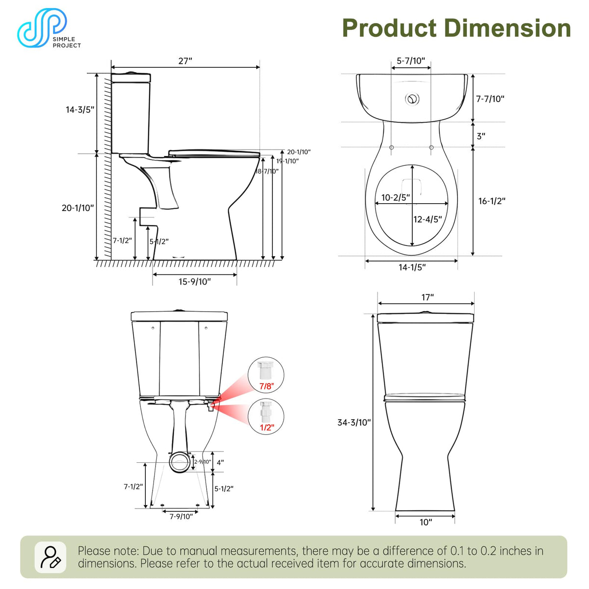 Simple Project Rear Discharge Toilet with 19 Inch Tall Toilet Bowl, Rear Outlet Toilet - Powerful & Quiet Dual Flush 1.28GPF High Toilets for Seniors, Includes Extension Pipe