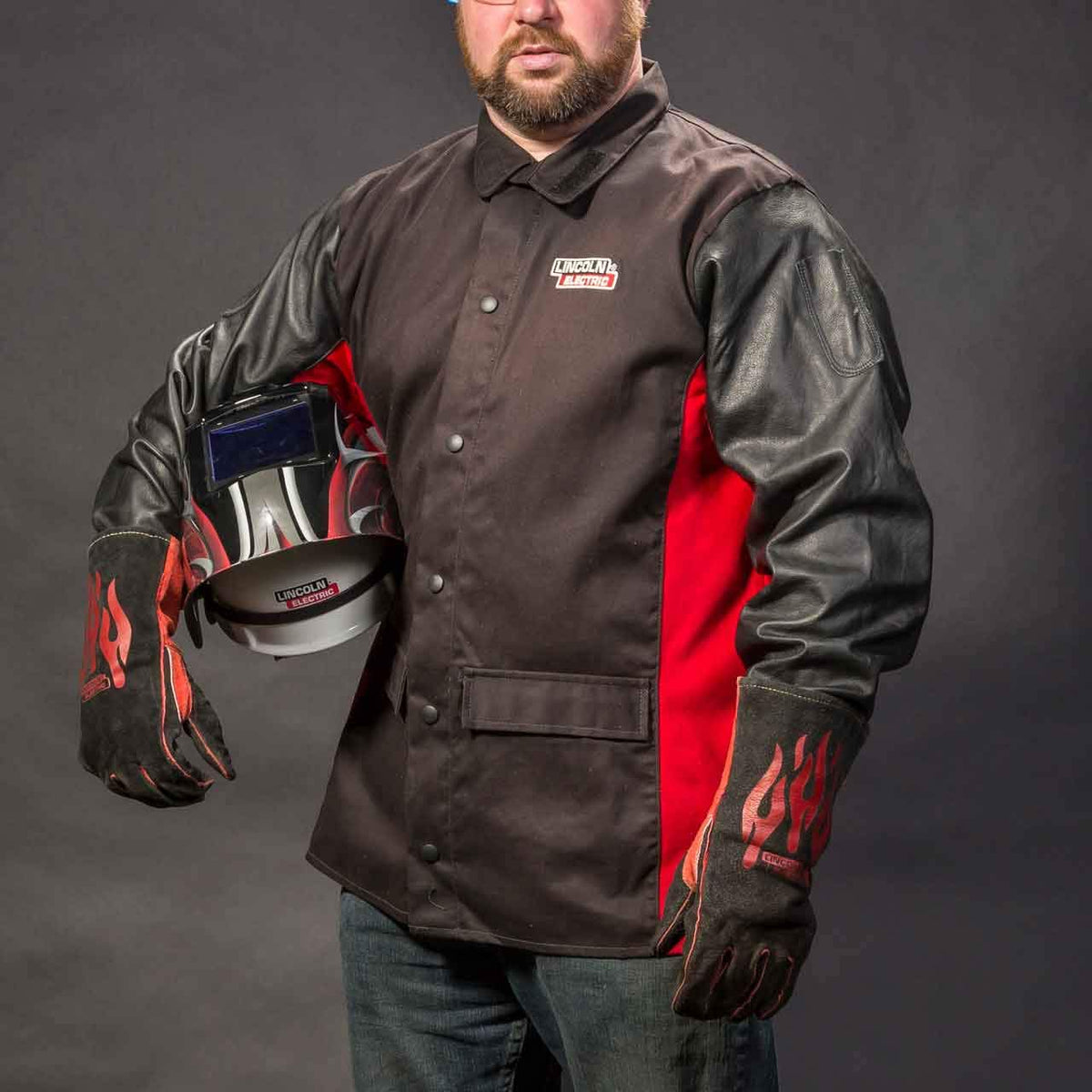 Lincoln Electric Grain Leather Sleeved Welding Jacket | Premium Flame Resistant Cotton Body | Black & Red | Large | K2987-L