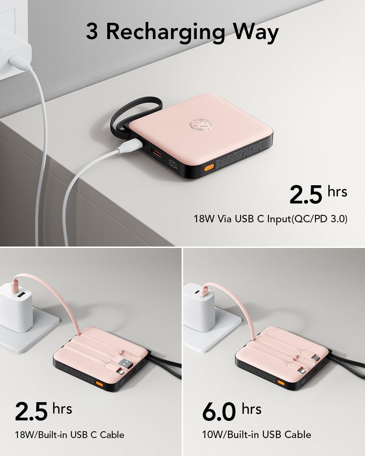 VRURC Portable Charger for iPhone Built-in Cables, 22.5W USB C Fast Charging 10000mAh Pocket Power Bank, Battery Pack for iPhone 17 16 & Samsung Galaxy S26 S25 etc Android, Pink(1 Pack)