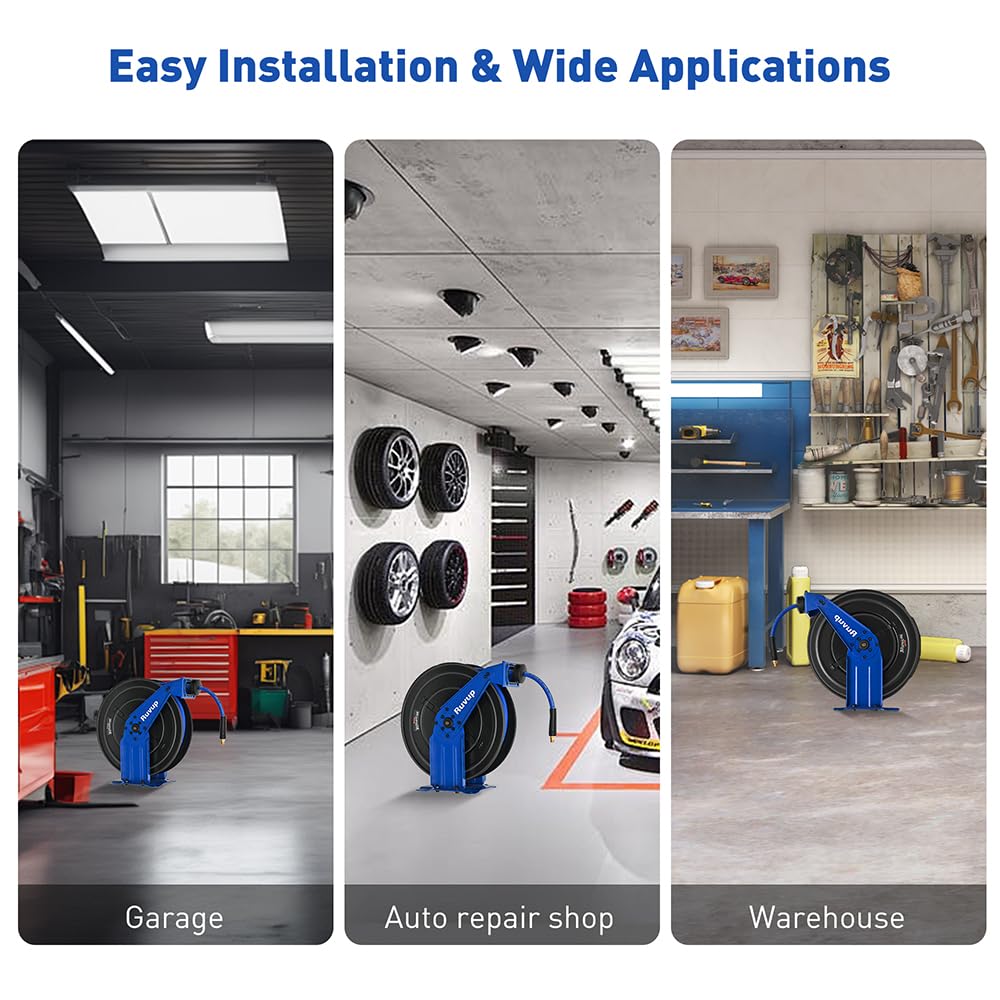 Ruvup Retractable Air Hose Reel, 3/8" x 75ft Air Compressor Tools Hose Reel Auto Rewind Hybrid Hose Max 300PSI with 6.5ft Lead Hose Heavy Duty Steel with 12-Position Ratchet Lock Accessory Kit